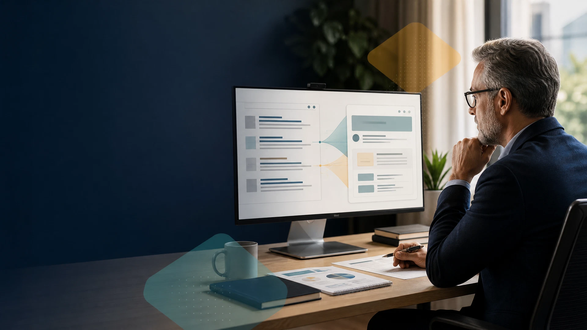 B2B marketing leader comparing conventional search results with answer-driven discovery